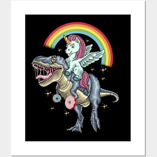 Unicorn Ridding Dinosaur Donus Posters and Art